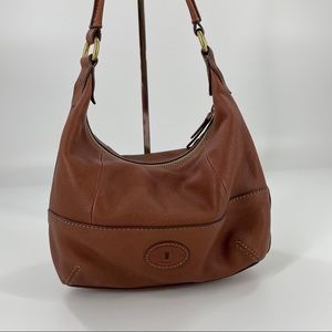 FOSSIL Genuine Leather Shoulder Hobo Bag Cognac